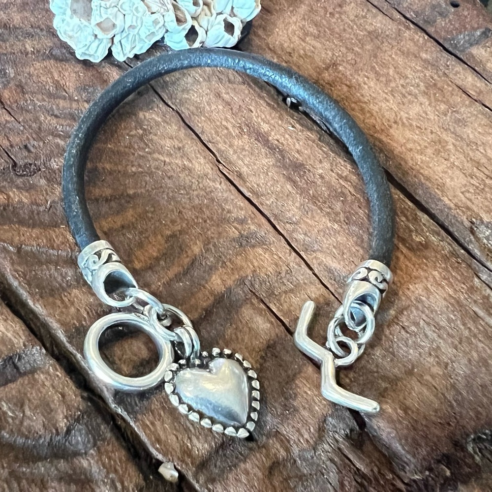 Mexicana Mexico 925 Leather Bracelet Heart Charm Dangle Toggle Sterling Silver